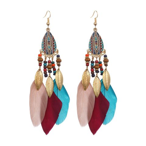Ethnic Style Feather Feather Beaded Tassel Women's Drop Earrings 1 Pair