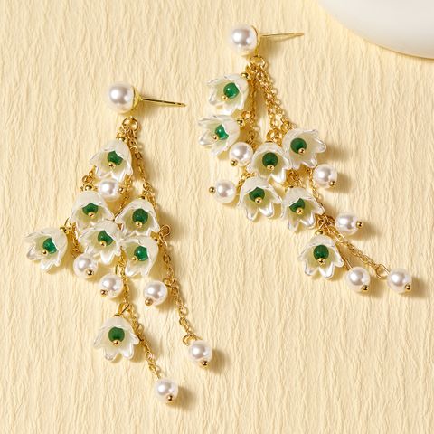 1 Pair Elegant Simple Style Flower Inlay Alloy Artificial Pearls Drop Earrings
