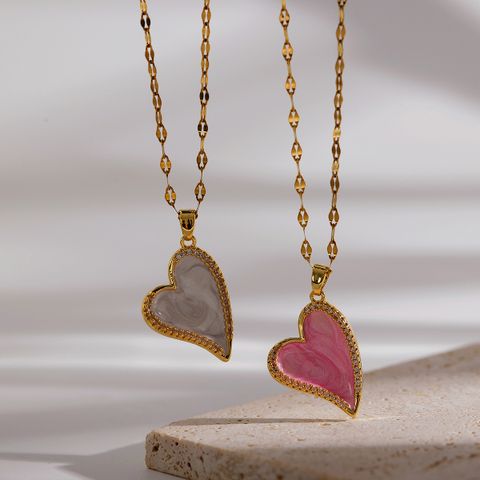 Elegant Süss Einfacher Stil Herzform Kupfer Emaille Überzug Inlay Zirkon 18 Karat Vergoldet Halskette Mit Anhänger