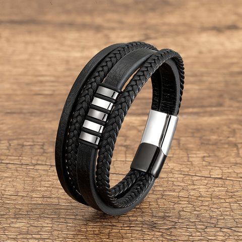 Casual Punk Geometric Stainless Steel Pu Leather Layered Metal Button Unisex Bracelets