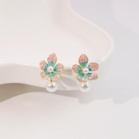 Wholesale Jewelry Simple Style Flower Alloy Pearl Inlay Drop Earrings