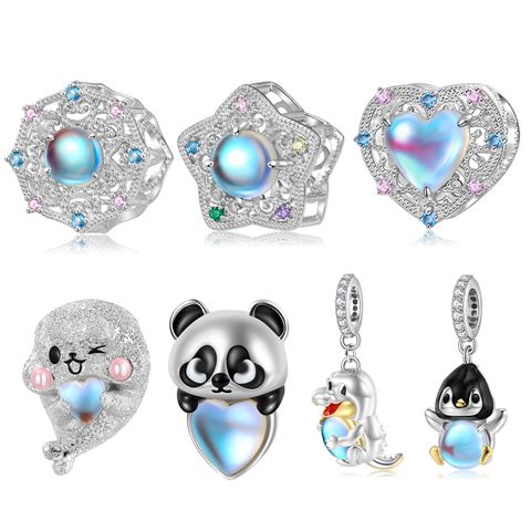 Original Design Cute Penguin Panda Heart Shape Sterling Silver Inlay Moonstone Jewelry Accessories