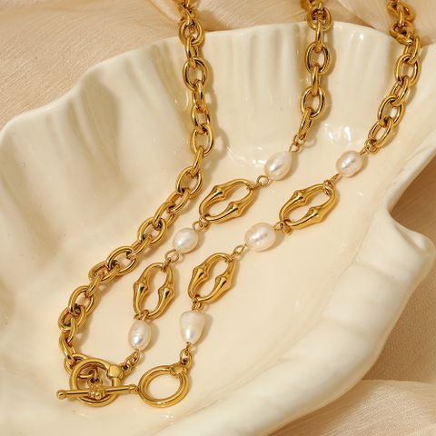 304 Stainless Steel Freshwater Pearl 16K Gold Plated White Gold Plated Gold Plated IG Style Simple Style Classic Style Polishing Plating Solid Color Bracelets Necklace