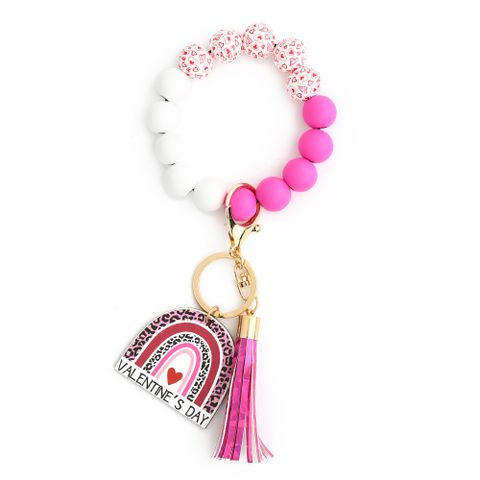 Ig Style Sweet Letter Heart Shape Leopard Wood Beaded Tassel Valentine's Day Bag Pendant Keychain