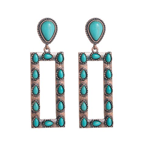 1 Pair Retro Ethnic Style Water Droplets Rectangle Plating Inlay Alloy Turquoise Earrings