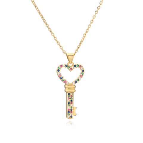 Ig Style Simple Style Heart Shape Key Copper Plating Inlay Zircon Gold Plated Pendant Necklace