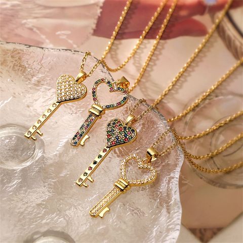 Ig Style Simple Style Heart Shape Key Copper Plating Inlay Zircon Gold Plated Pendant Necklace