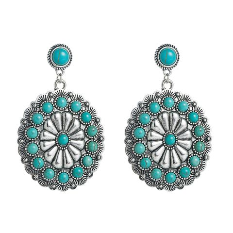 1 Pair Retro Flower Inlay Alloy Turquoise Drop Earrings