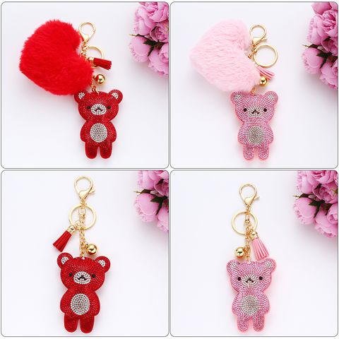 Cute Simple Style Bear Heart Shape Korean Velvet Inlay Rhinestones Valentine's Day Bag Pendant Keychain
