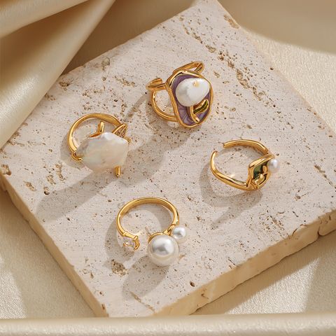 Elegant Classic Style Flower Copper Plating Inlay Freshwater Pearl Zircon 18k Gold Plated Rings