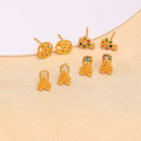 1 Pair Ig Style Cute Life Tree Plating Inlay Artificial Gemstones Copper Zircon 18k Gold Plated Ear Studs