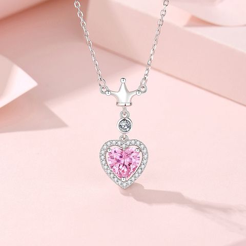 Ig Style Shiny Heart Shape Crown Sterling Silver Polishing Plating Inlay Zircon Pendant Necklace