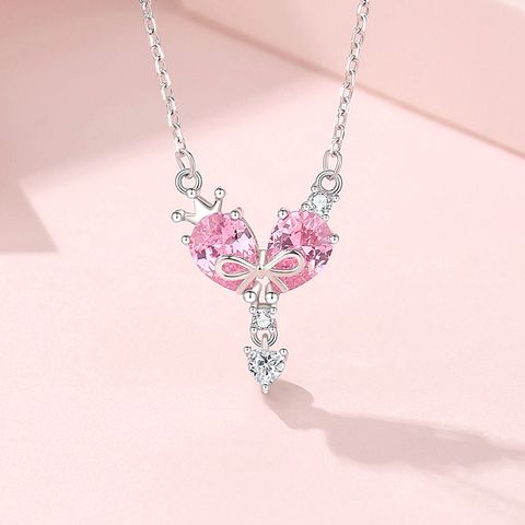 Ig Style Shiny Heart Shape Crown Bow Knot Sterling Silver Polishing Plating Inlay Zircon Pendant Necklace
