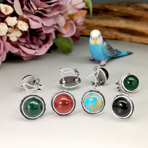 1 Pair Retro Round Plating Inlay Alloy Artificial Gemstones Silver Plated Ear Cuffs