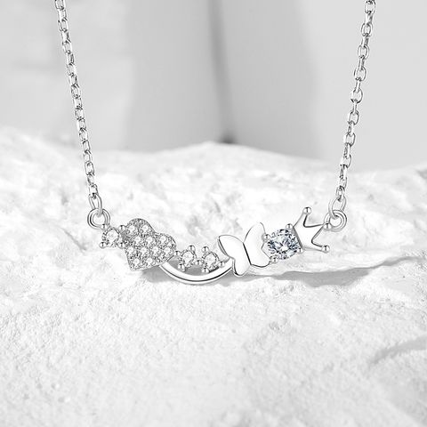 Casual Modern Style Commute Heart Shape Crown Butterfly Sterling Silver Polishing Plating Inlay Zircon Necklace