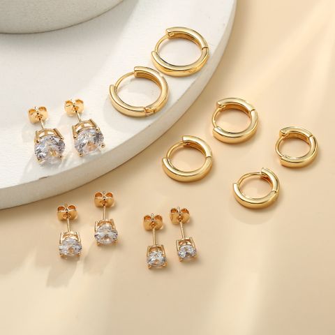 6 Pairs Simple Style Circle Plating Inlay Copper Zircon 14k Gold Plated Hoop Earrings Ear Studs