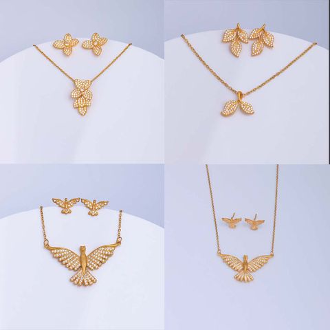 Ig Style Simple Style Leaf Eagle Flower Stainless Steel Copper Plating Inlay Zircon 18k Gold Plated Earrings Necklace
