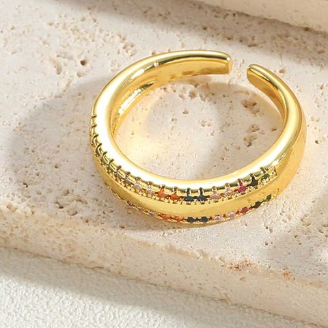 Simple Style Geometric Copper Plating Inlay Shell Zircon 14k Gold Plated Open Rings