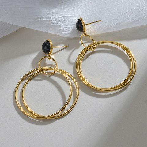 1 Pair Retro Simple Style Round Polishing Plating 304 Stainless Steel Black Natural Stone 18K Gold Plated Drop Earrings
