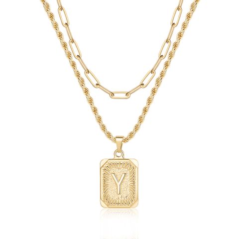 Hip-hop Cool Style Letter Square Copper Layered Plating 14k Gold Plated Double Layer Necklaces