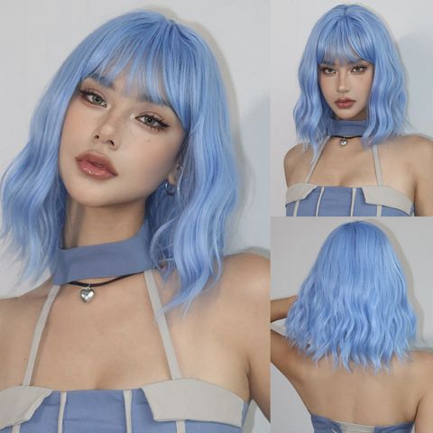 Women's Cute Light Blue Casual Party Stage Chemical Fiber Bangs Short Curly Hair Wig Net