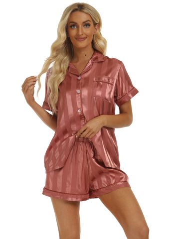 Home Women's Elegant Lady Solid Color Imitated Silk Polyester Shorts Sets Pajama Sets