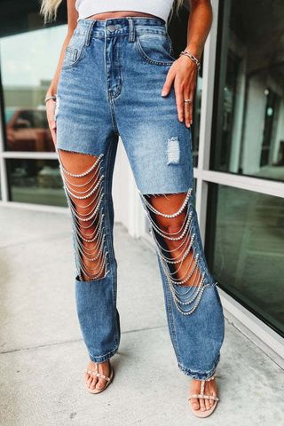 Women's Daily Street Streetwear Solid Color Full Length Ripped Jeans Straight Pants