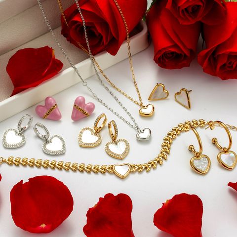 Vintage Style French Style Simple Style Heart Shape Grain Stainless Steel Plating Inlay Shell Zircon 18k Gold Plated Bracelets Earrings Necklace