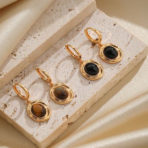 1 Pair Elegant Simple Style Oval Plating Inlay Copper Tiger Eye Obsidian 18k Gold Plated Drop Earrings
