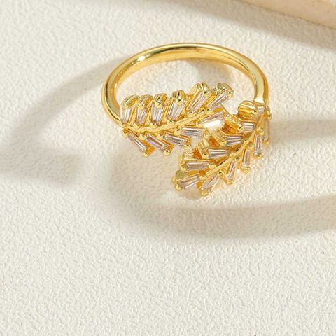 Vintage Style Simple Style Commute Pentagram Leaves Heart Shape Copper Inlay Zircon 14k Gold Plated Open Rings