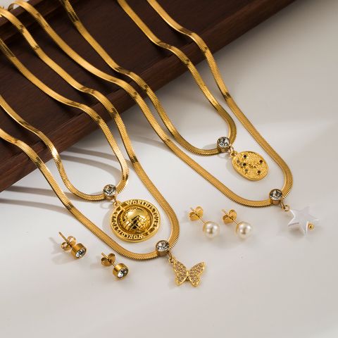 Ig Style Elegant Vintage Style Earth Star Butterfly Stainless Steel Plating Inlay Artificial Pearls Zircon 18k Gold Plated Earrings Necklace