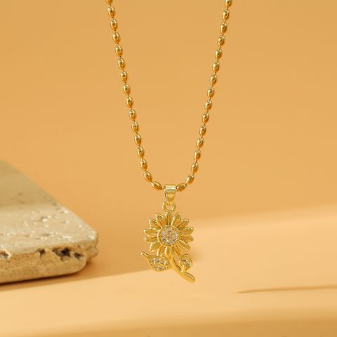 Wholesale Simple Style Sunflower Stainless Steel Copper Plating Inlay 18K Gold Plated Zircon Pendant Necklace