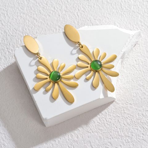 1 Pair IG Style Flower Plating Inlay Stainless Steel Glass Stone Drop Earrings