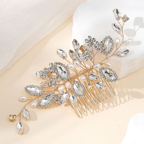 Women's Bridal Shiny Leaf Flower Copper Plating Inlay Artificial Pearls Rhinestones Insert Comb