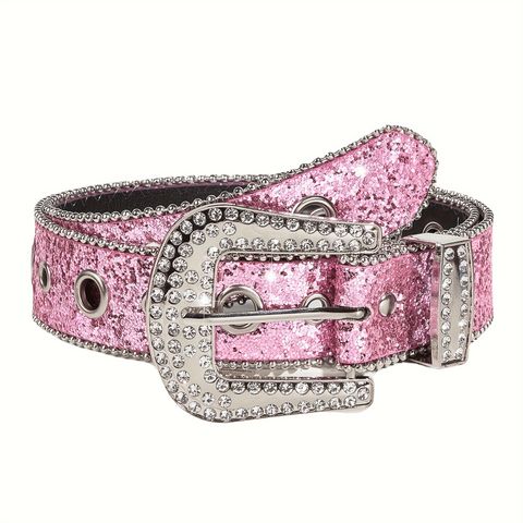 Retro Sweet Solid Color Pu Leather Alloy Diamond Women's Leather Belts