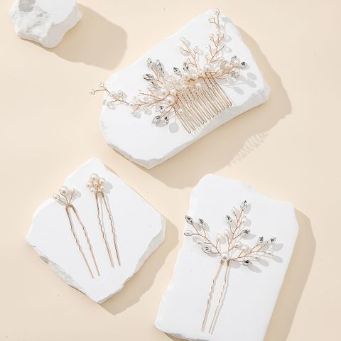 Women's Elegant Glam Bridal Geometric Artificial Crystal Imitation Pearl Rhinestone Handmade Hairpin Insert Comb