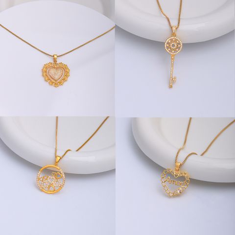 Ig Style Letter Heart Shape Key Stainless Steel Copper Plating Inlay Zircon 18k Gold Plated Pendant Necklace