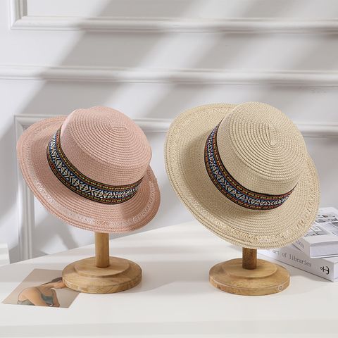 Women's Simple Style Classic Style Color Block Embroidery Flat Eaves Straw Hat