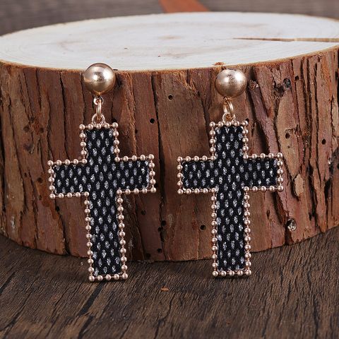 1 Pair Retro Simple Style Cross Alloy Artificial Leather 18k Gold Plated Drop Earrings