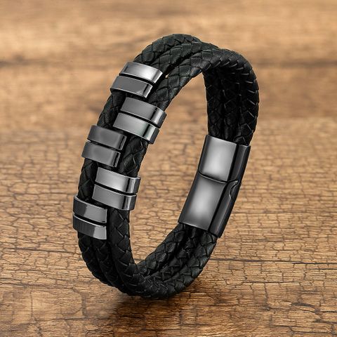 Vintage Style Exaggerated Punk Geometric Leather Rope Metal Layered Handmade Metal Button Men's Bangle