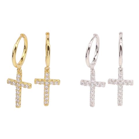 1 Pair Simple Style Cross Inlay Sterling Silver Zircon Drop Earrings
