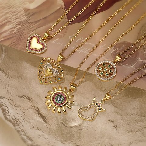 Ig Style Simple Style Sun Heart Shape Crown Copper Plating Inlay Zircon Gold Plated Pendant Necklace