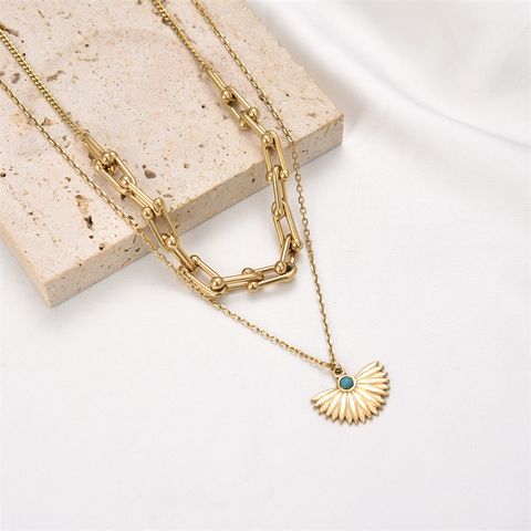 Casual Hip-hop Sector Oval Stainless Steel Plating Inlay Turquoise Gold Plated Double Layer Necklaces