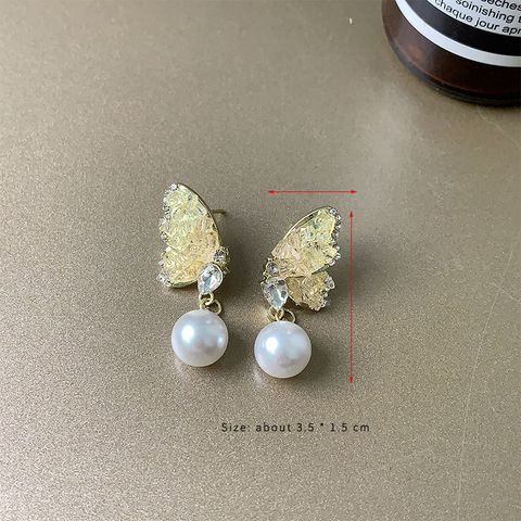 1 Pair Cute Simple Style Butterfly Plating Inlay Alloy Artificial Crystal Artificial Pearls Zircon Drop Earrings