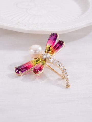Sweet Shiny Dragonfly Copper Plating Inlay Artificial Crystal Artificial Pearls Zircon Women's Brooches 1 Piece