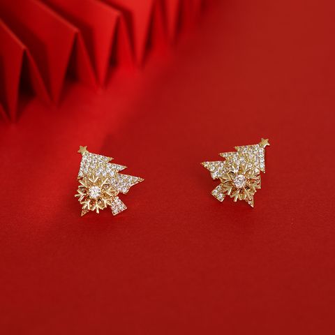 Fashion Christmas Tree Snowflake Copper Plating Inlay Zircon Ear Studs 1 Pair