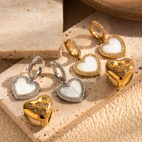 1 Pair Simple Style Pentagram Heart Shape Stainless Steel Zircon 18k Gold Plated Drop Earrings Ear Studs