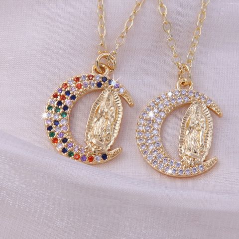 Ig Style Shiny Virgin Mary Moon Copper Plating Inlay Zircon 18k Gold Plated Pendant Necklace