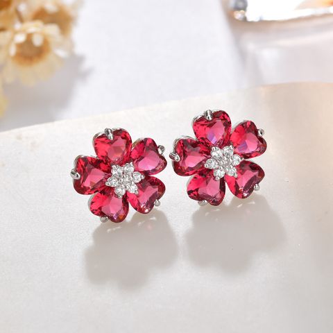1 Pair Sweet Shiny Flower Plating Inlay Copper Alloy Crystal Zircon White Gold Plated Ear Studs