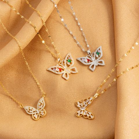Stainless Steel 18K Gold Plated Streetwear Shiny Plating Hollow Out Inlay Butterfly Rhinestones Zircon Pendant Necklace